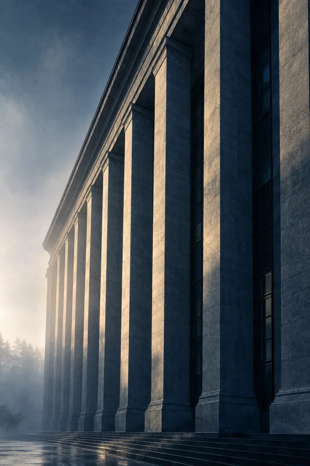Монументальный фасад здания с колоннами на рассвете